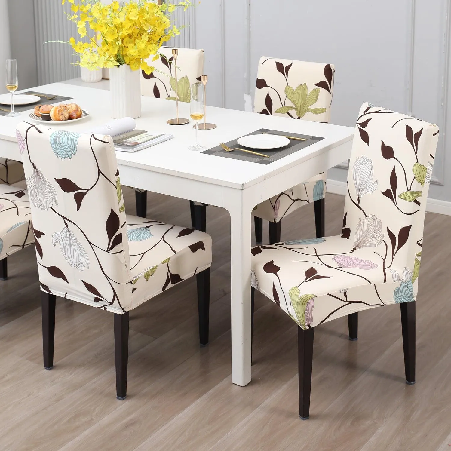 Elastic Stretchable Dining Chair Cover, Beige Brown Leaves